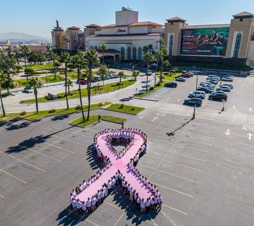 Colaboradores de Corporación Caliente forman lazo rosa humano por el Día Mundial contra el Cáncer de Mama